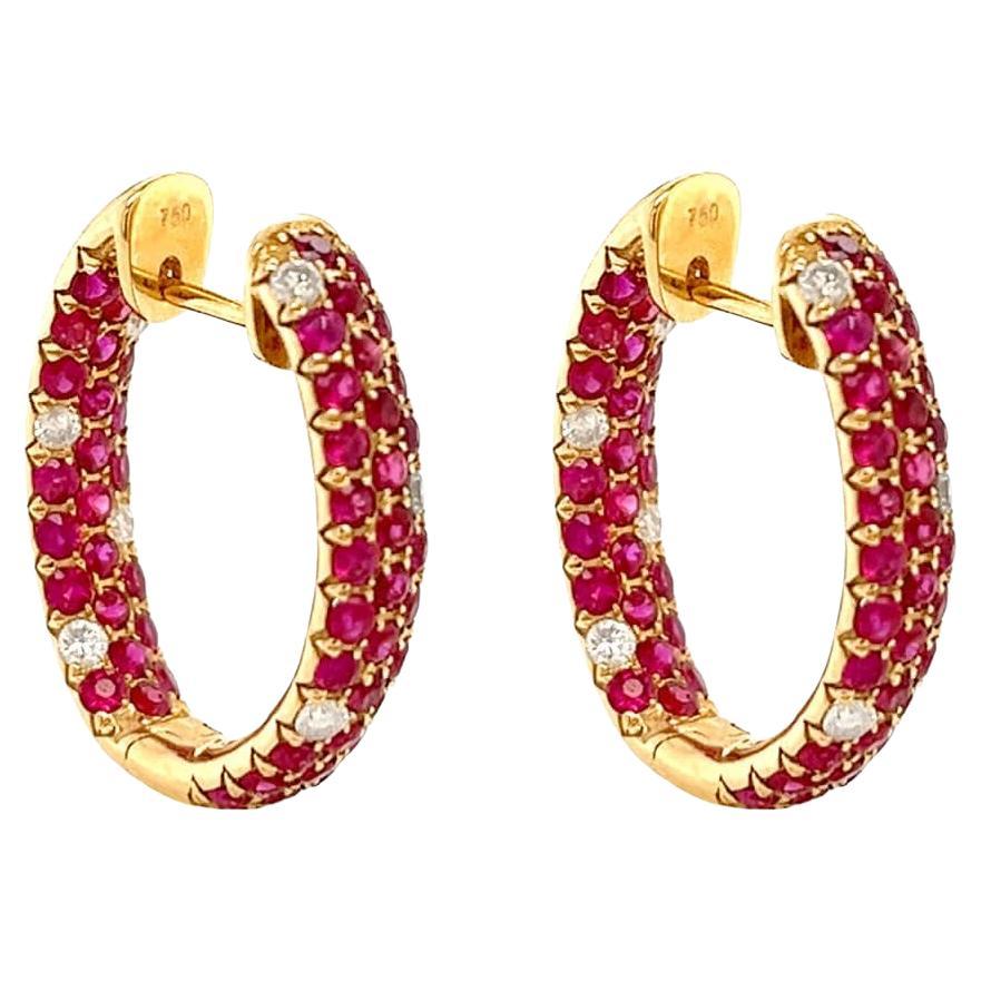 Earrings 18kt Gold Three-Row Rubies 3.09 carats & Diamonds Hoops 0.36 carats  For Sale