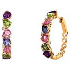 Earrings 18kt Rose Gold Multicolor Pear Sapphires & Diamonds Hoops