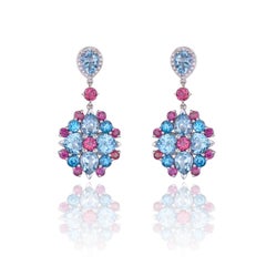 Earrings 18kt White Gold Diamonds Blue Topaz Rhodolite Kaleidoscope in Stock