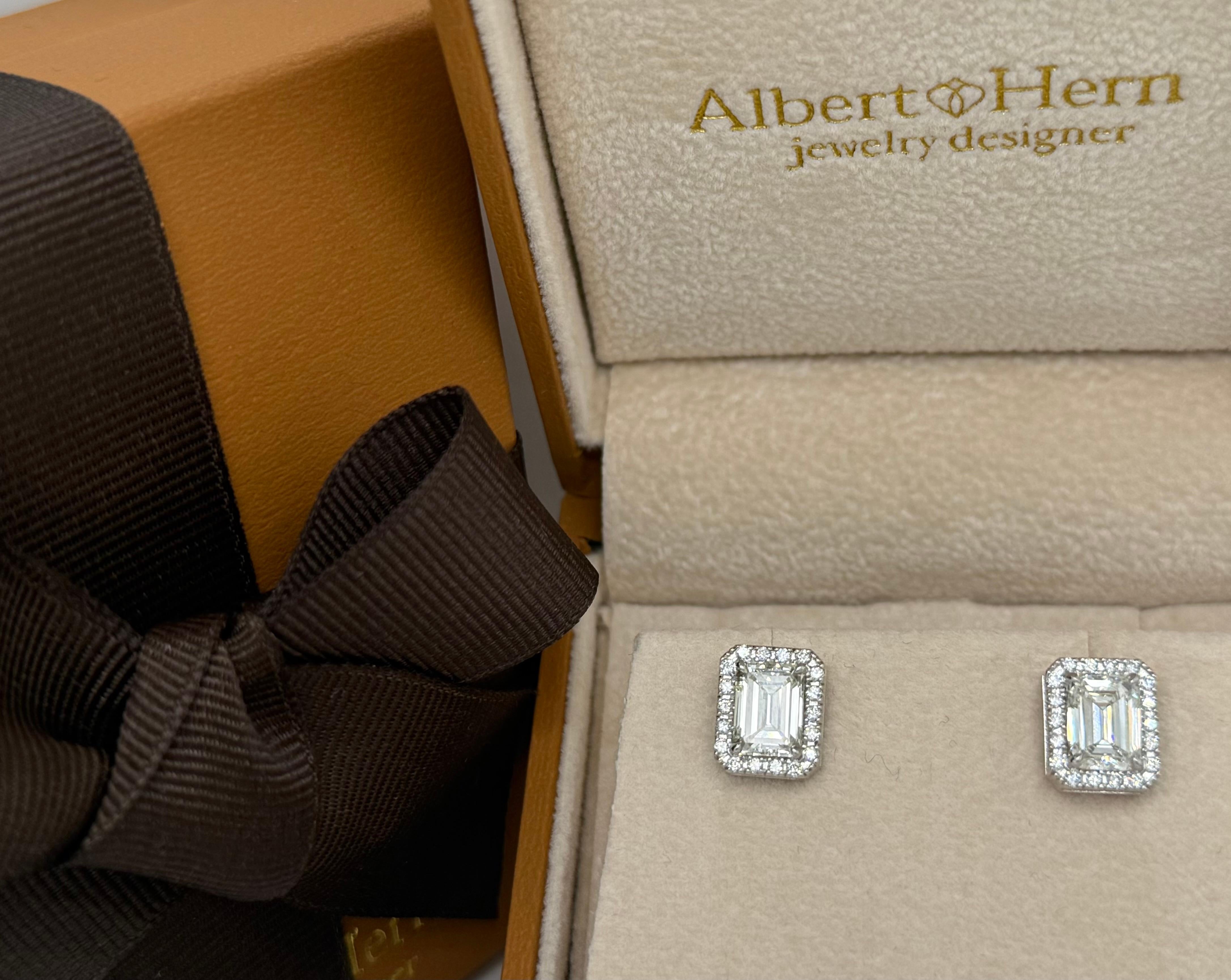 Contemporary Earrings 18Kt White Gold Emerald Cut Diamond 2.40 tcw and Halo