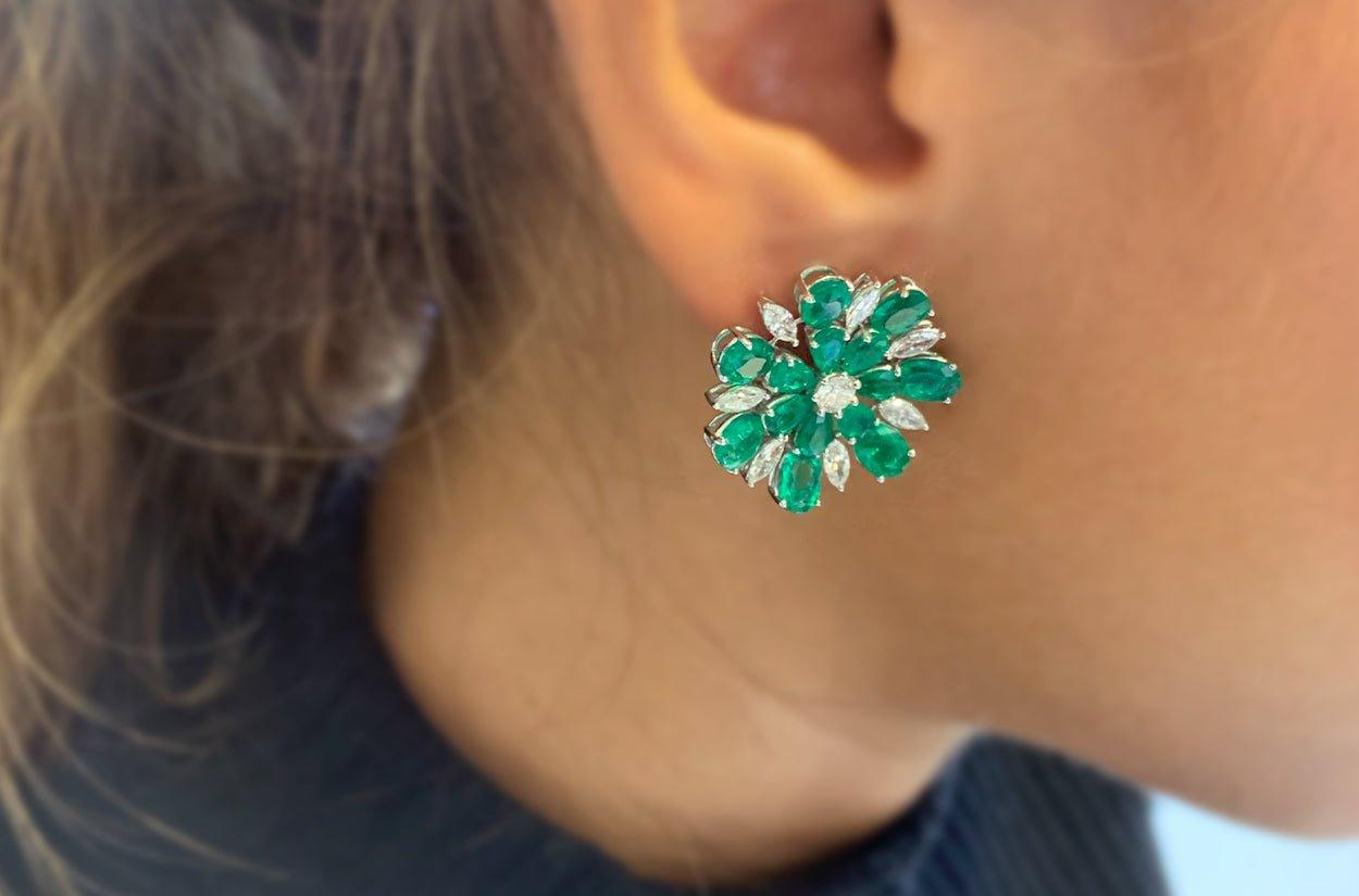 Mixed Cut Earrings 18kt White Gold Flowers Emeralds 8.02 carats & Diamonds 1.81 carats For Sale