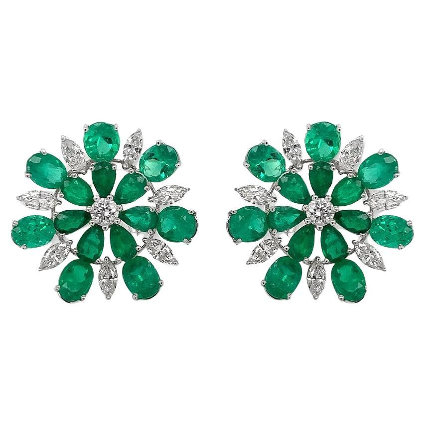 Earrings 18kt White Gold Flowers Emeralds 8.02 carats & Diamonds 1.81 carats For Sale