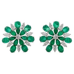 Earrings 18kt White Gold Flowers Emeralds 8.02 carats & Diamonds 1.81 carats