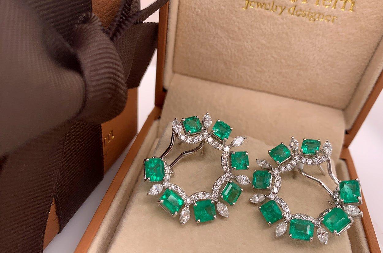 Mixed Cut Earrings 18kt White Gold Look-At-Me Emeralds 6.47 carats & Diamonds 1.94 carats. For Sale