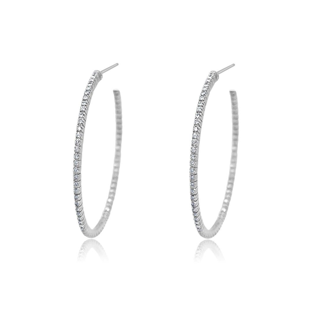 Taille ronde Boucles d'oreilles en or blanc 18kt anneaux ronds et diamants  1,20 cts en vente