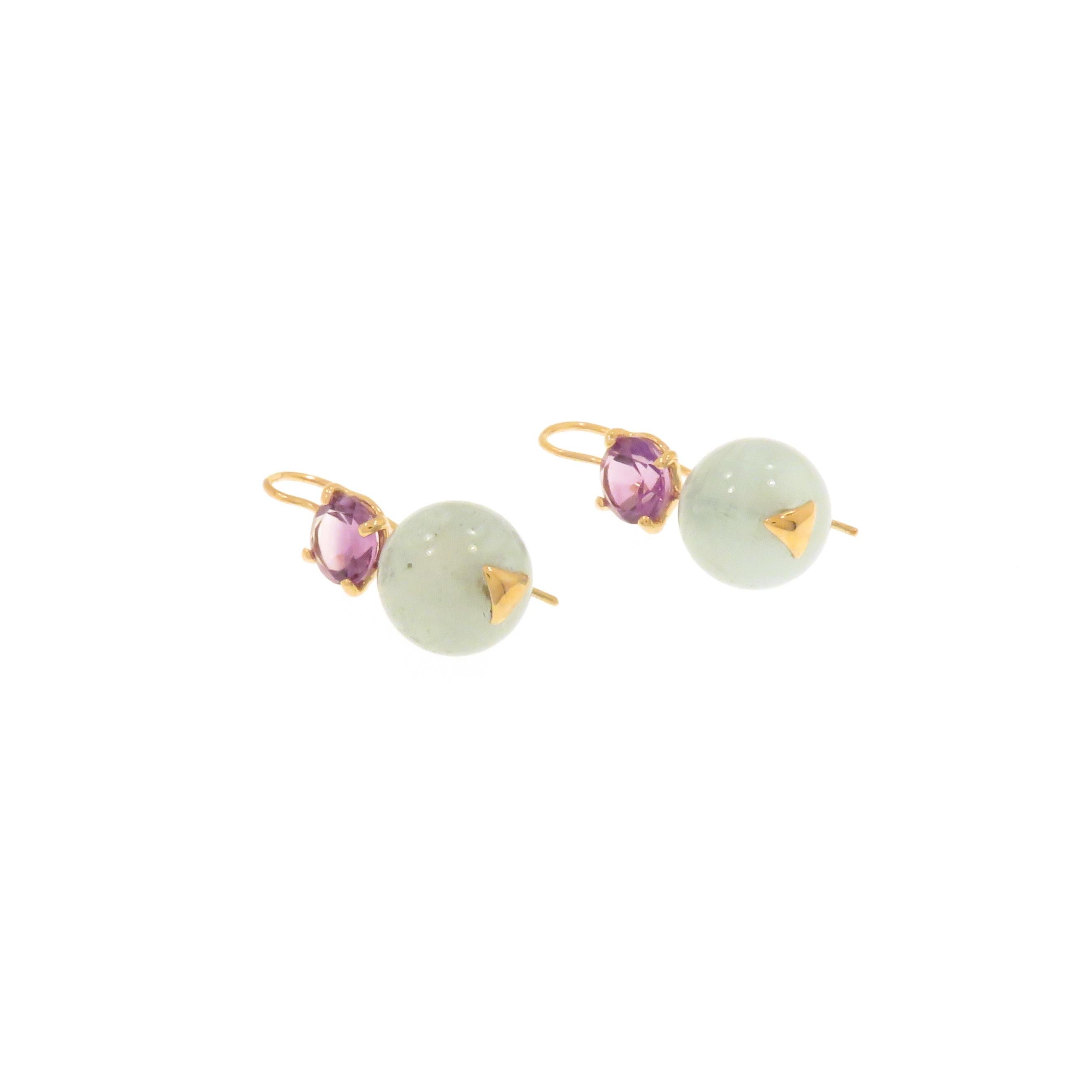Earrings 9 Carat Rose Gold Bead Cut Aquamarine Brilliant Cut Amethyst In New Condition For Sale In Milano, IT