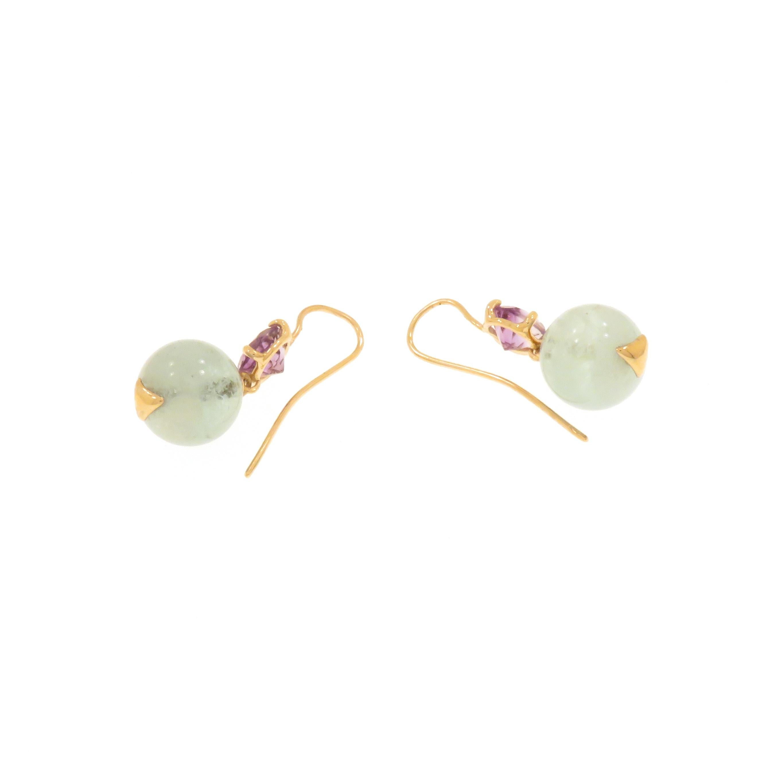 Women's Earrings 9 Carat Rose Gold Bead Cut Aquamarine Brilliant Cut Amethyst For Sale