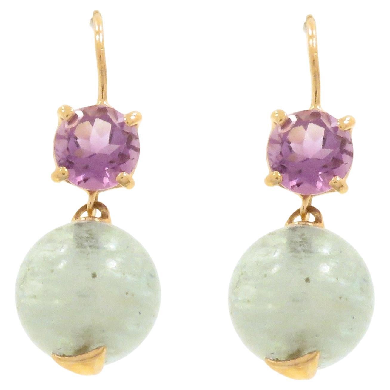 Earrings 9 Carat Rose Gold Bead Cut Aquamarine Brilliant Cut Amethyst For Sale