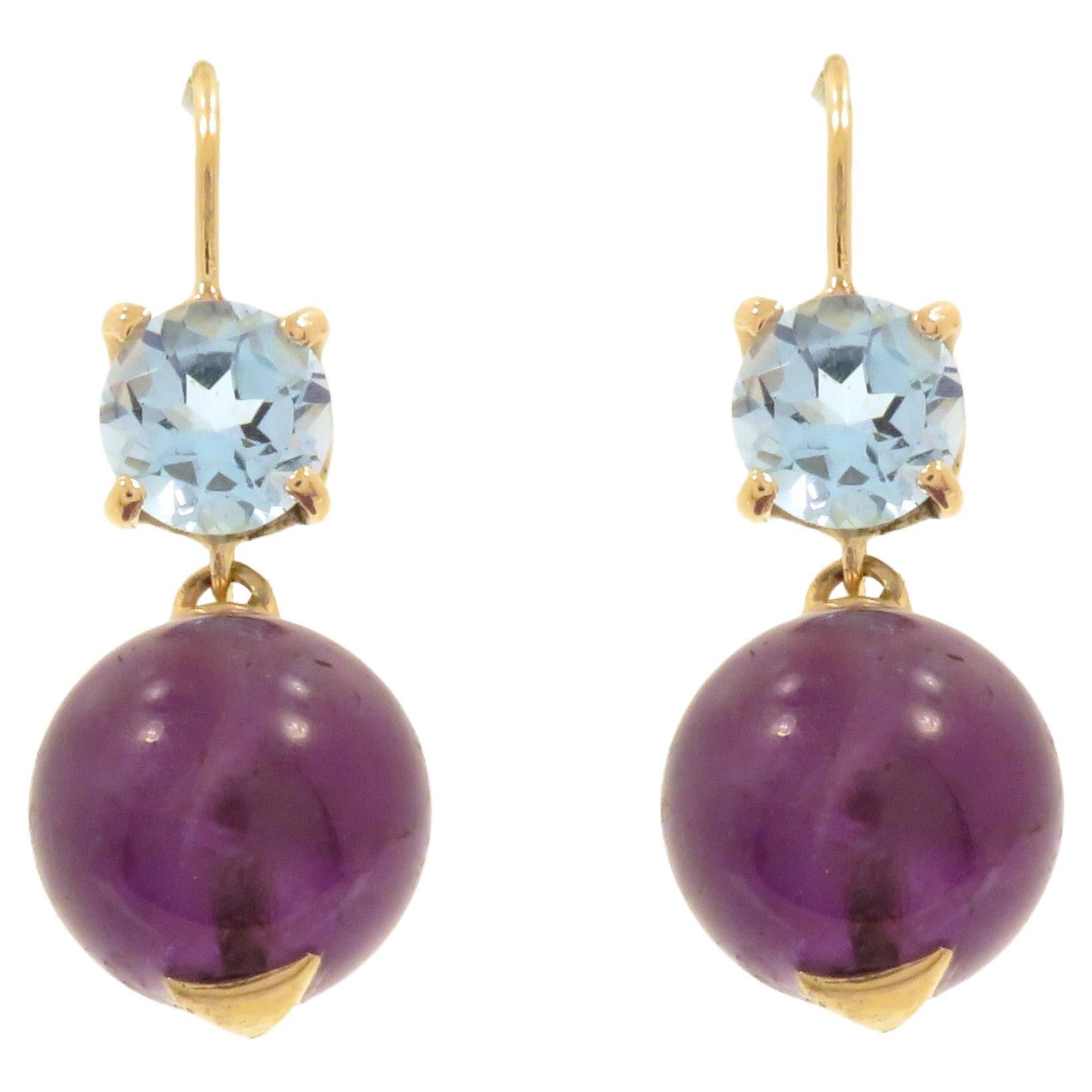 Earrings 9 Carat Rose Gold Bead Cut Aamethyst Brilliant Cut Blue Topaz For Sale