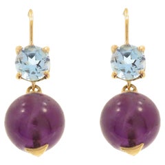 Boucles d'oreilles en or rose 9 carats, perles d'améthyste taille brillant et topaze bleue