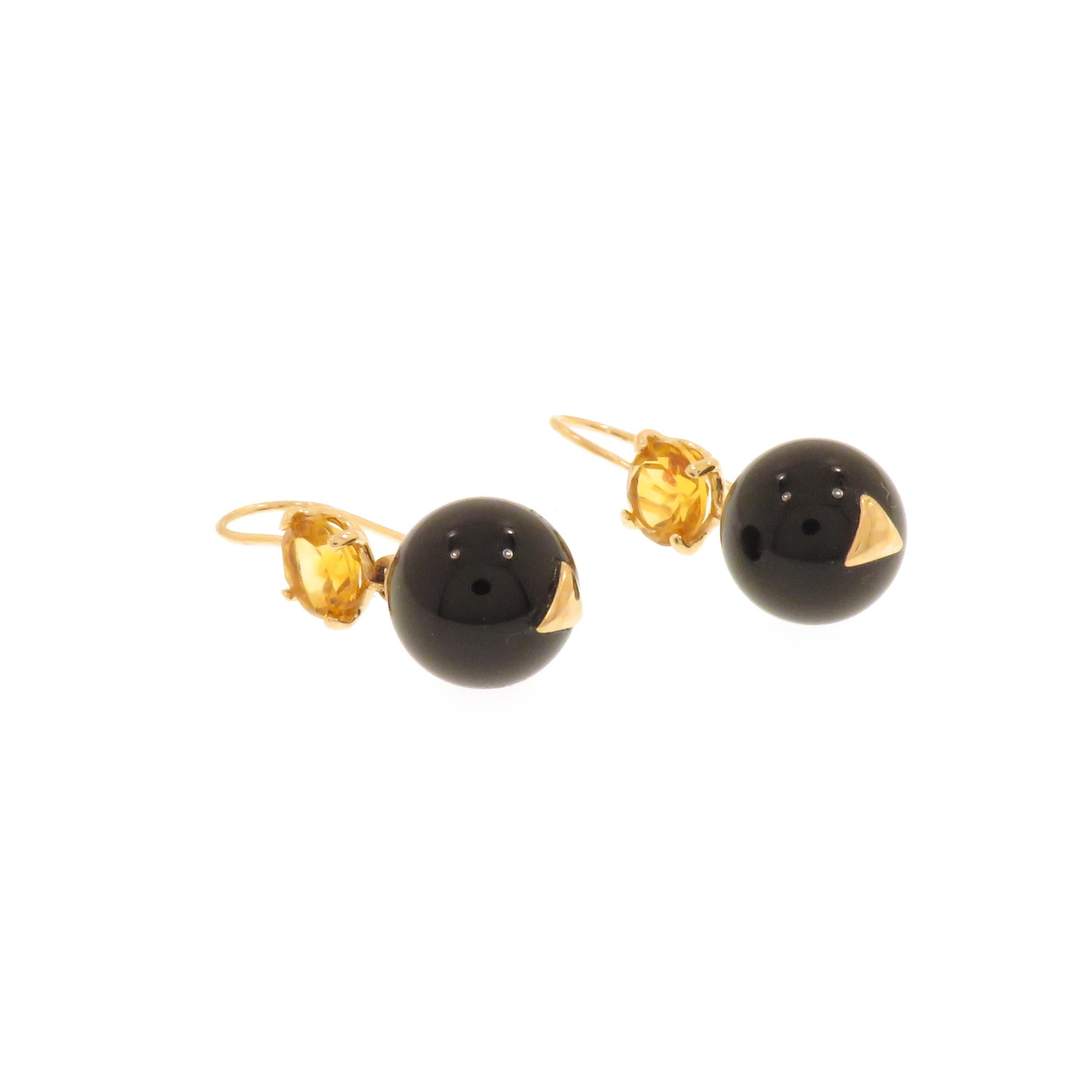 Earrings 9 Carat Rosegold Bead Cut Onyx Brilliant Cut Citrine In New Condition In Milano, IT
