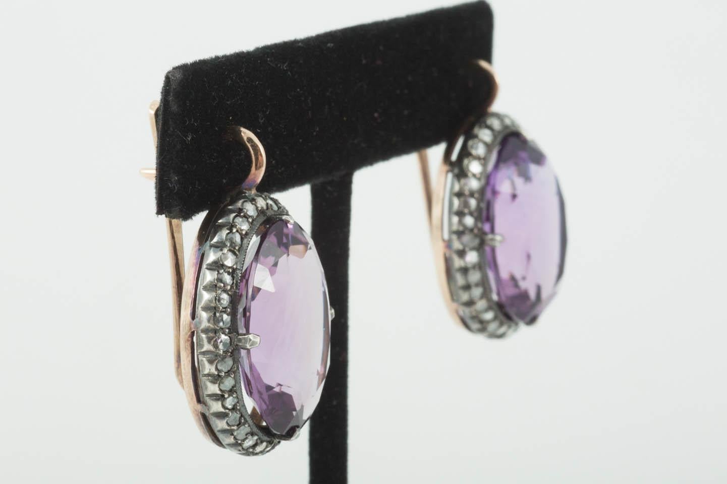 High Victorian Earrings Amethyst and Diamond Cluster Russian, circa 1890 For Sale