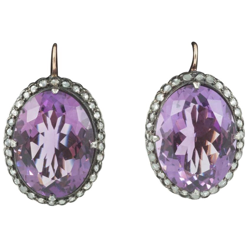 Earrings Amethyst and Diamond Cluster Russian, circa 1890 For Sale