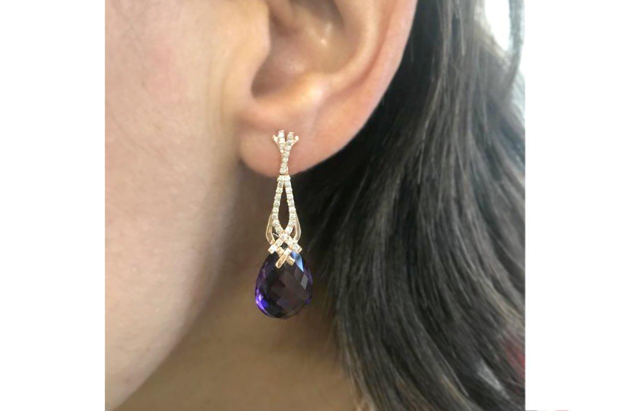 Briolette Cut Earrings Amethyst Tear & Diamonds For Sale