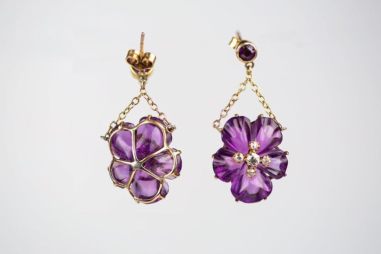 Pansy Flower Earrings of Carved Amethyst and Diamond Centre, English