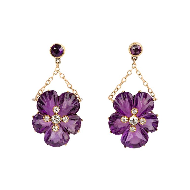 Pansy Flower Earrings of Carved Amethyst and Diamond Centre, English circa 1875 For Sale