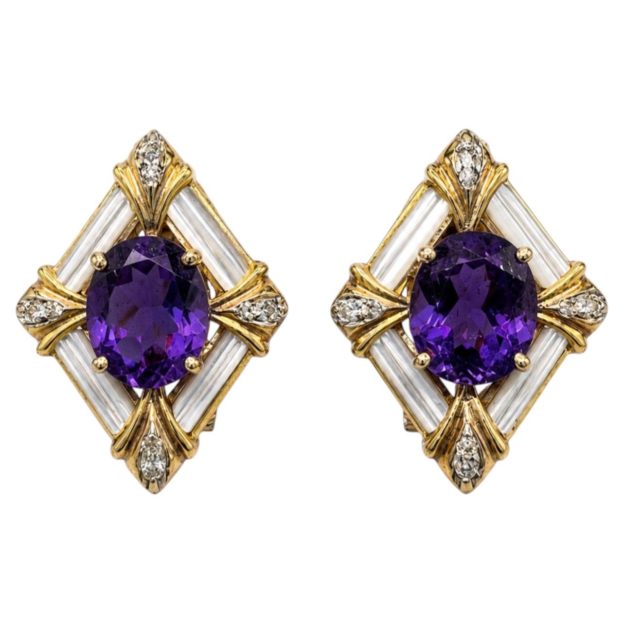 EARRINGS-Art Deco10.00 Carats Amethyst and 0.20 carats Diamonds in 14kt Gold