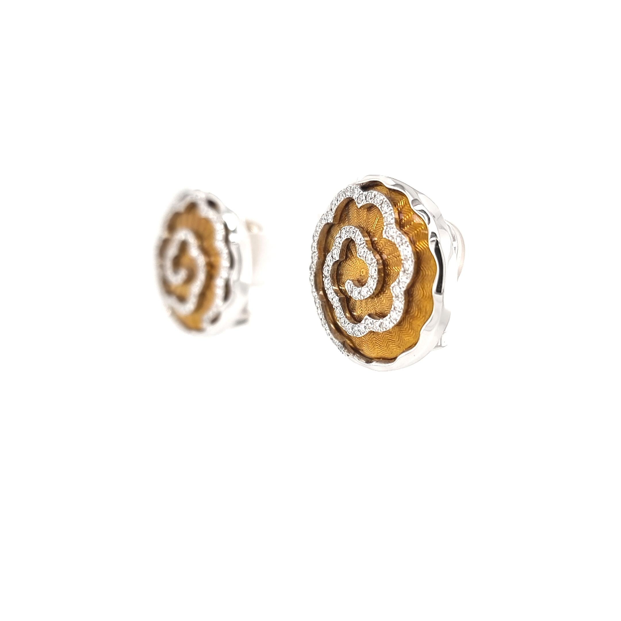 Women's Round Earrings 18k White Gold Amber Yellow Enamel 114 diamonds 0.84 ct For Sale