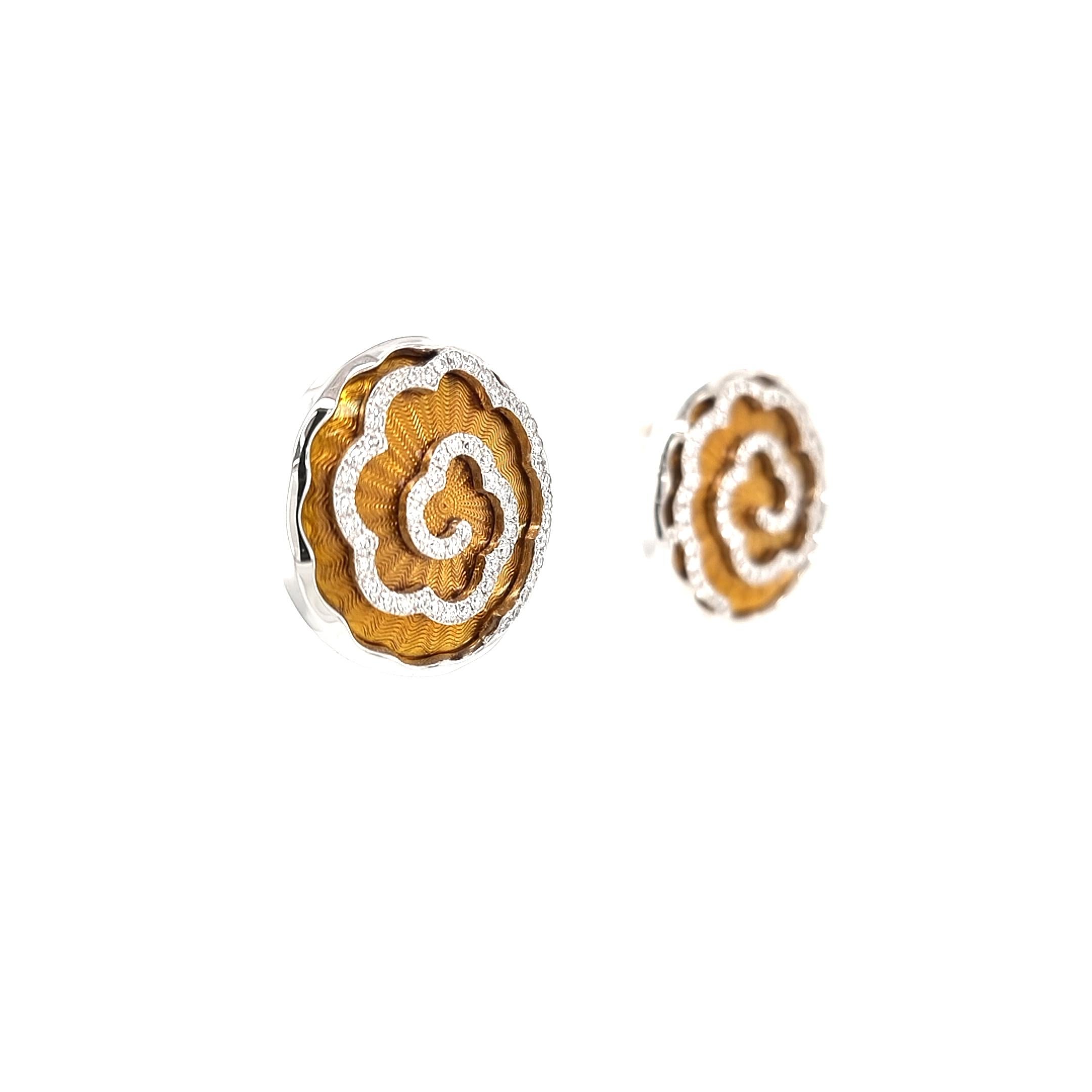 Art Deco Round Earrings 18k White Gold Amber Yellow Enamel 114 diamonds 0.84 ct For Sale