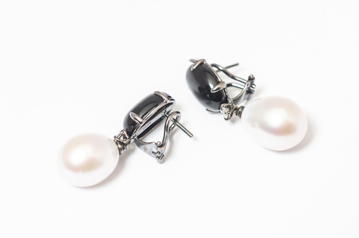 Earrings Baroque with Black Agathe,Diamonds and Baroque Pearl.