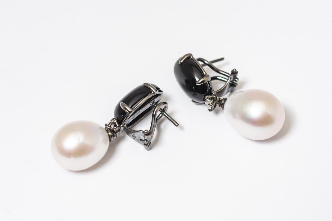 Earrings Baroque with Black Agathe, Diamonds and Baroque Pearl In New Condition In Vannes, FR