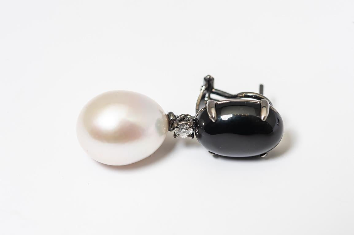 Women's or Men's Earrings Baroque with Black Agathe, Diamonds and Baroque Pearl