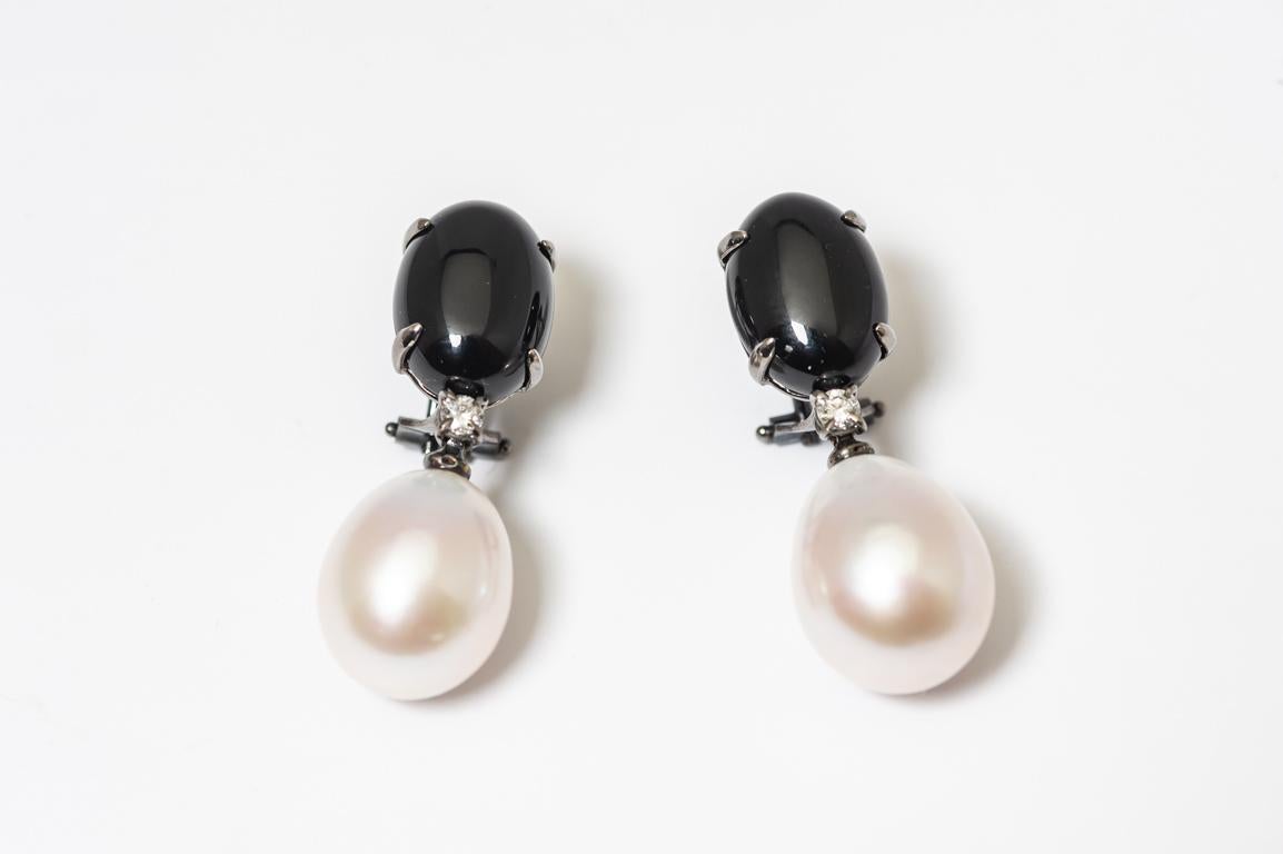 Earrings Baroque with Black Agathe, Diamonds and Baroque Pearl 1