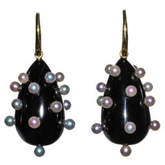 Earrings, Black Jade, Akoya Pearls and 18 Karat Gold