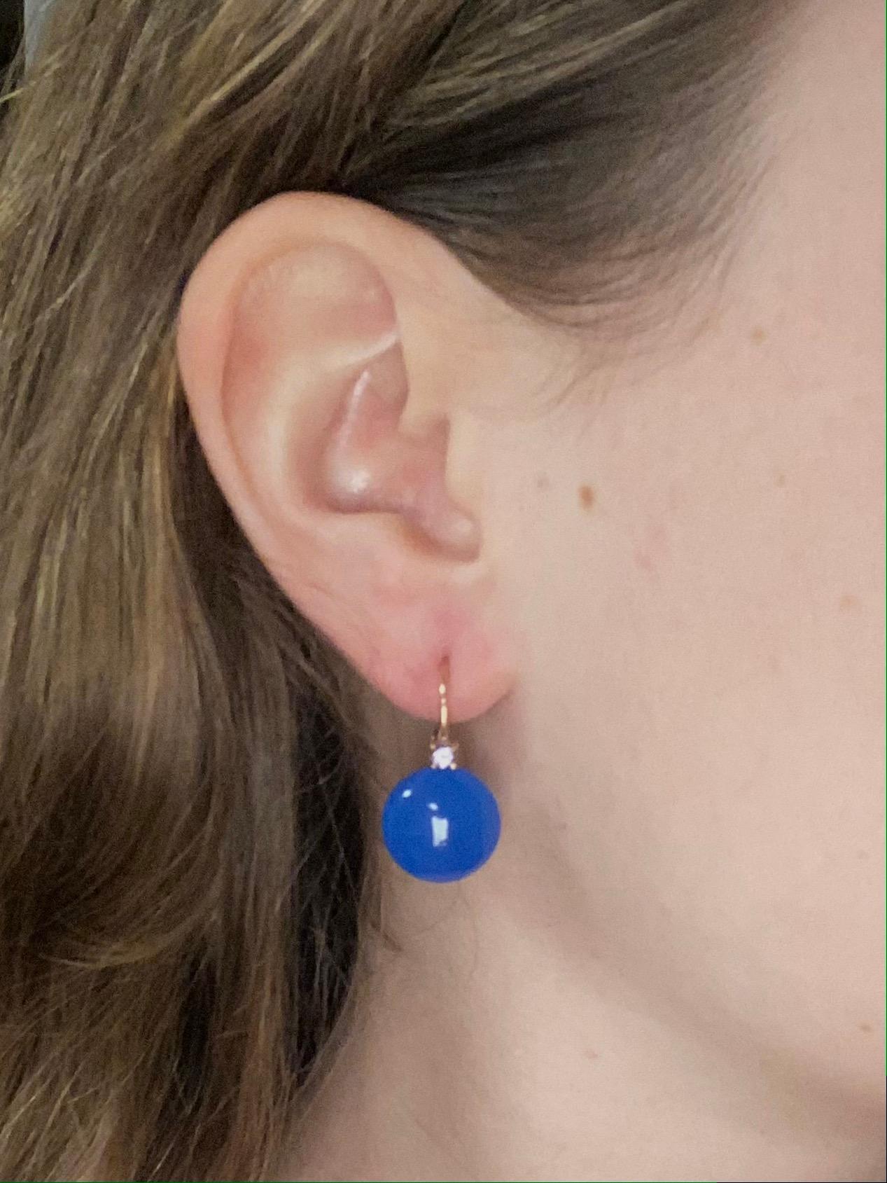Cabochon Earrings Blue Agate, Tanzanite, Diamonds and Yellow Gold 18 Carats
