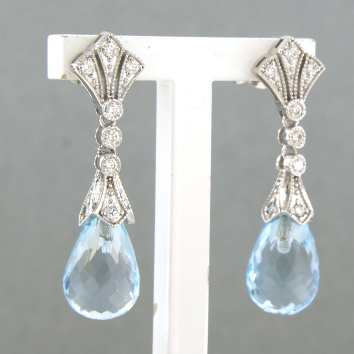 Modern Earrings blue topaz and diamonds 14k yellow gold