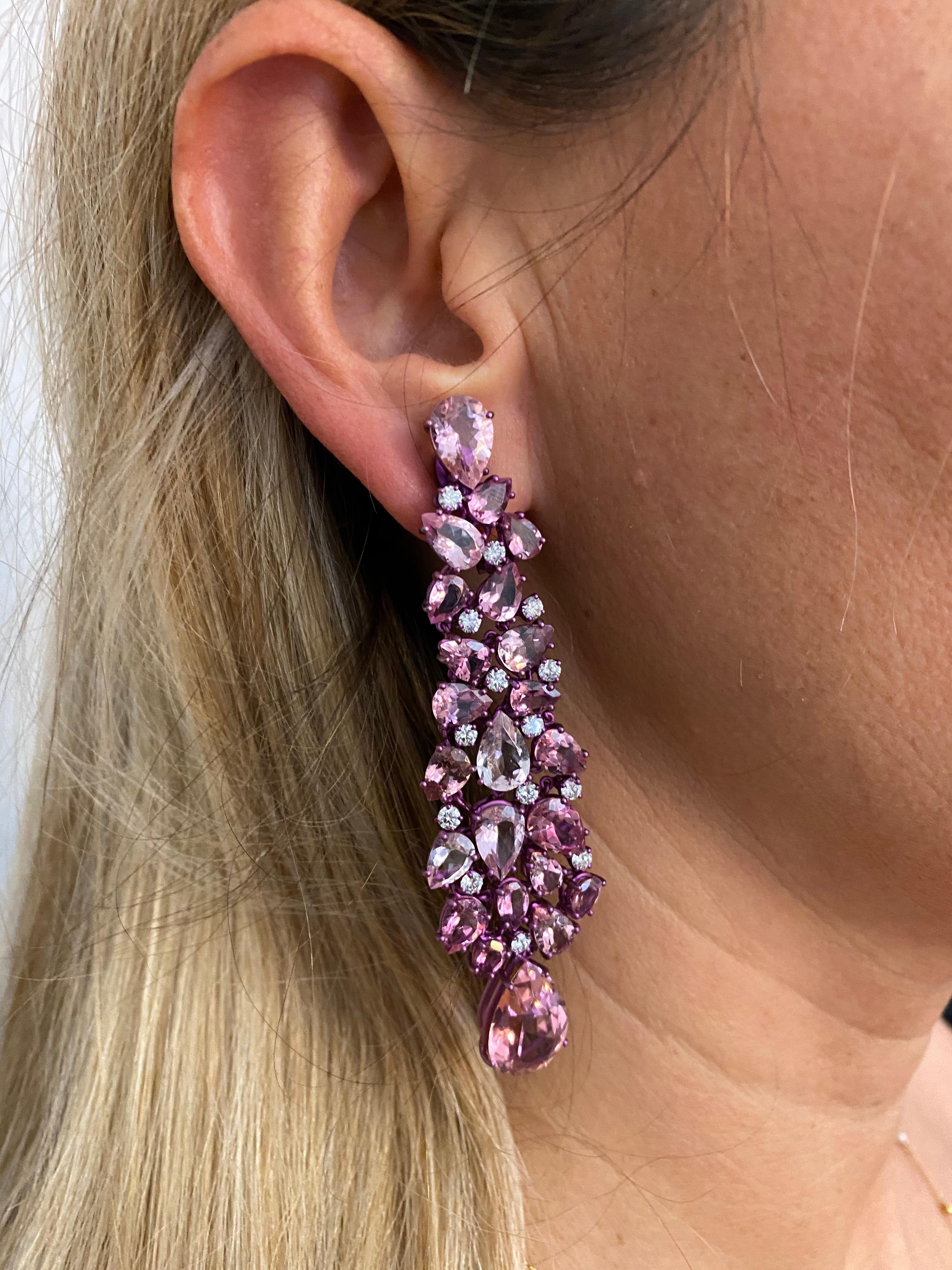Titanium and Gold Diamonds and Pink Tourmalines Earrings Chandelier For Sale 3
