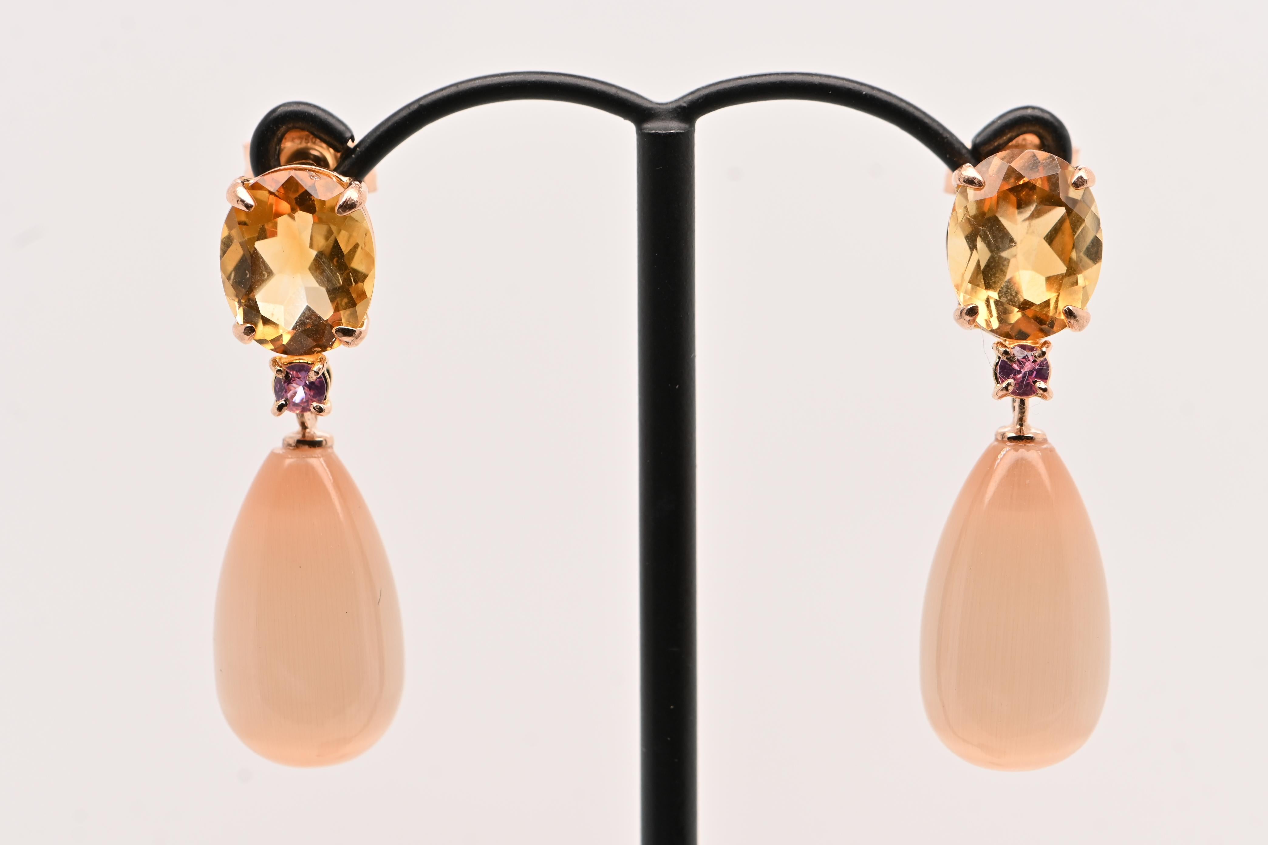 Pendientes Citrino, Piedras Luna Melocotón, Zafiro Rosa y Oro Amarillo 18 Quilates Barroco en venta
