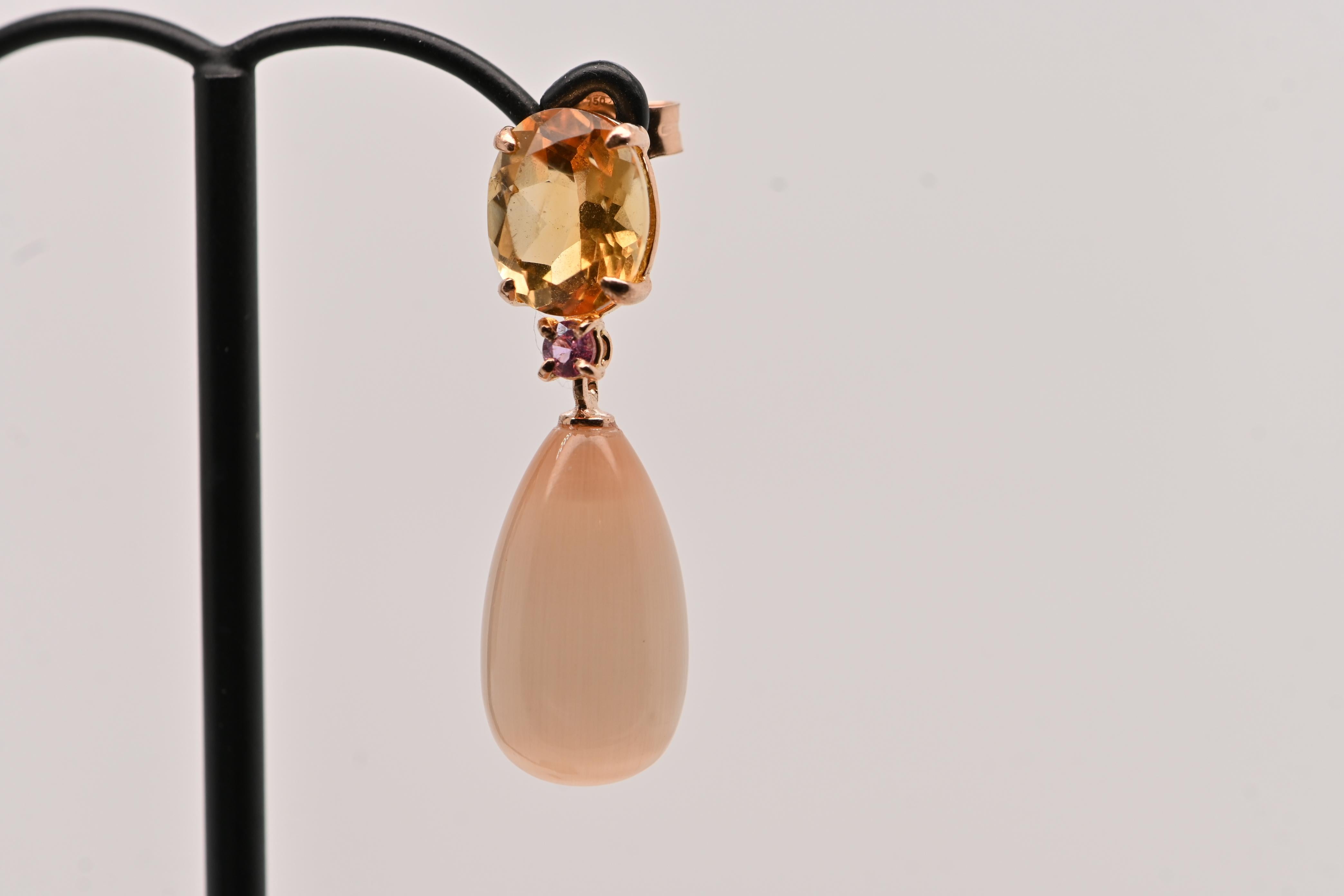 Pendientes Citrino, Piedras Luna Melocotón, Zafiro Rosa y Oro Amarillo 18 Quilates Corte brillante en venta
