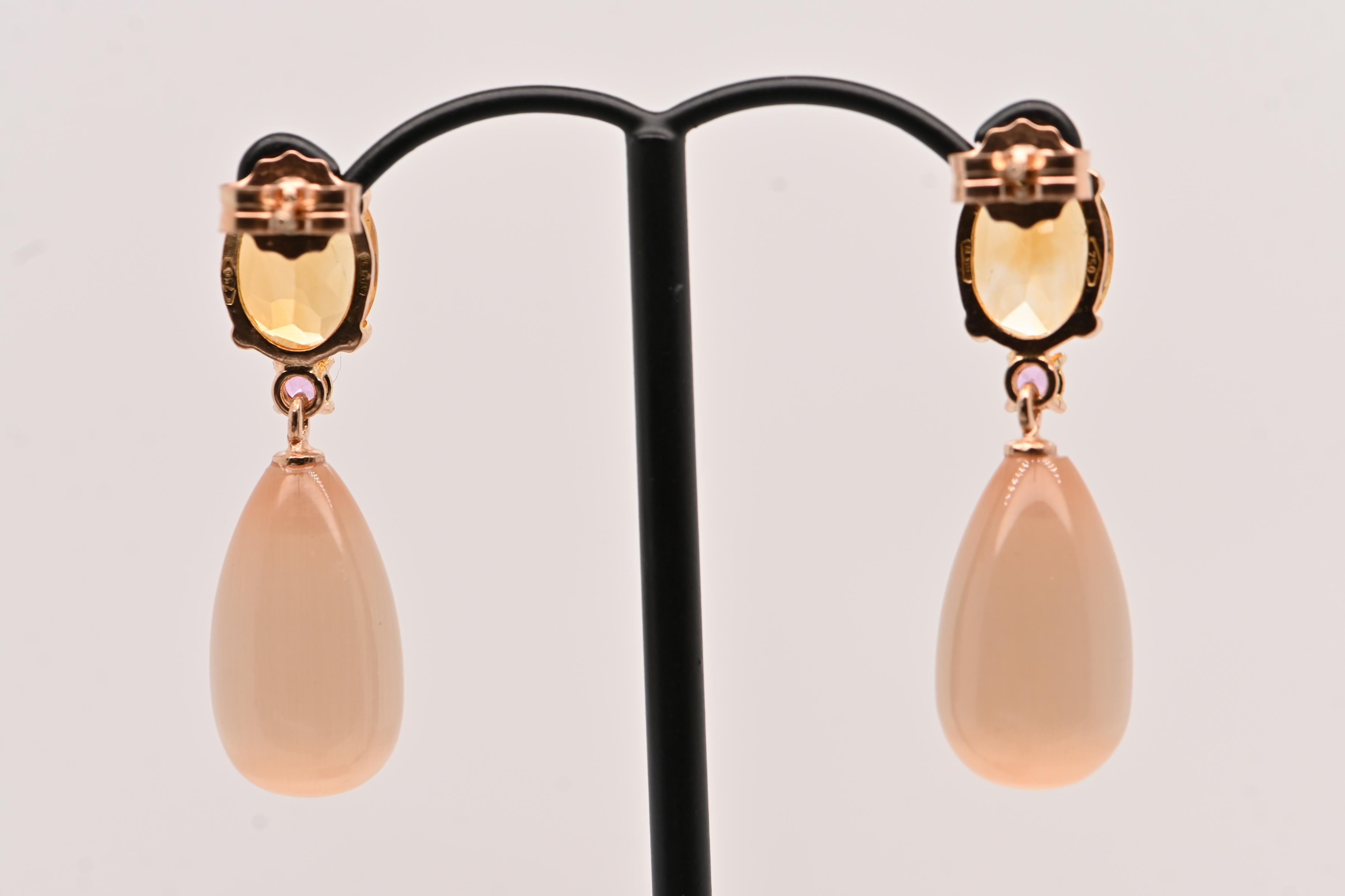De las mujeres Pendientes Citrino, Piedras Luna Melocotón, Zafiro Rosa y Oro Amarillo 18 Quilates en venta