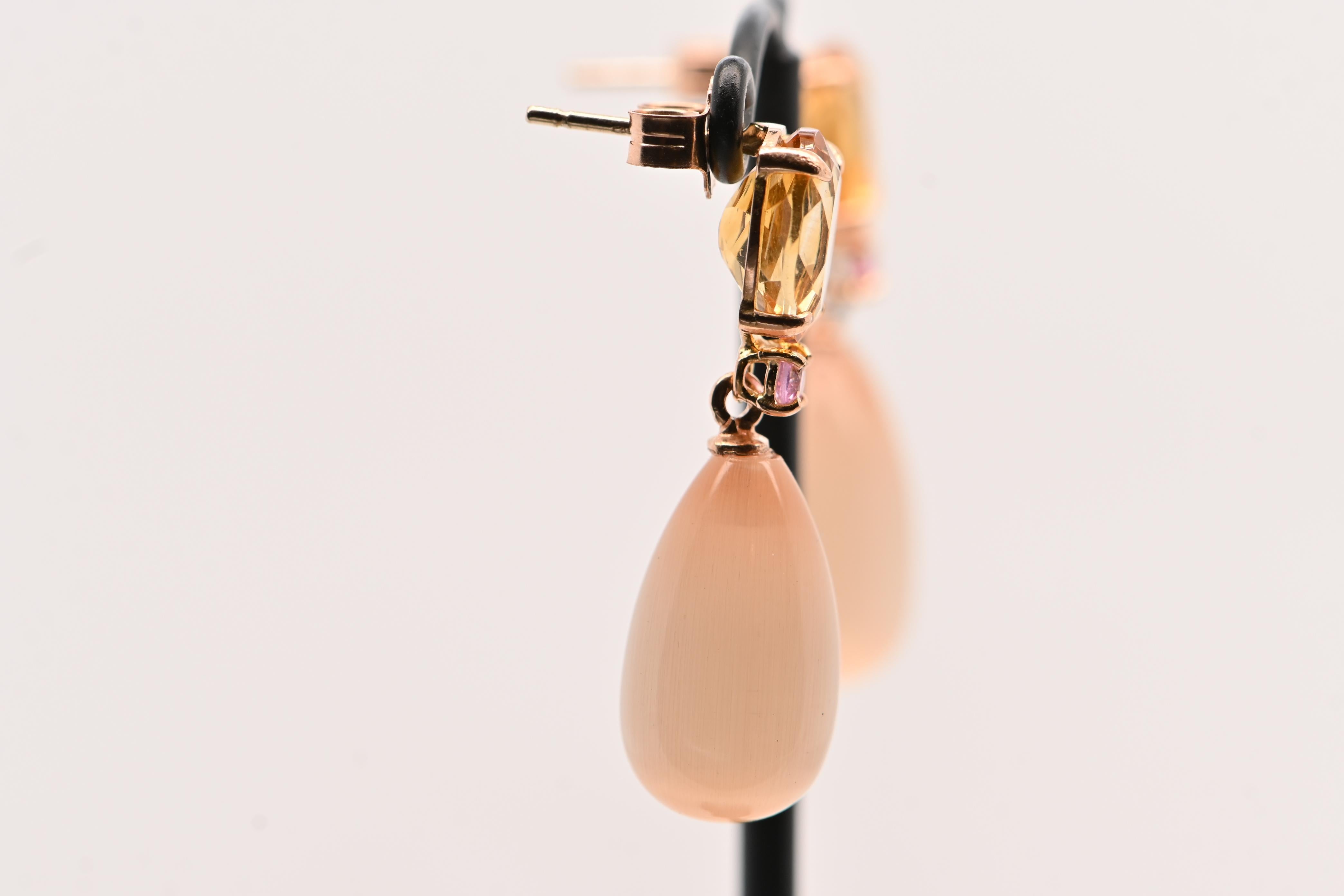 Pendientes Citrino, Piedras Luna Melocotón, Zafiro Rosa y Oro Amarillo 18 Quilates en venta 1