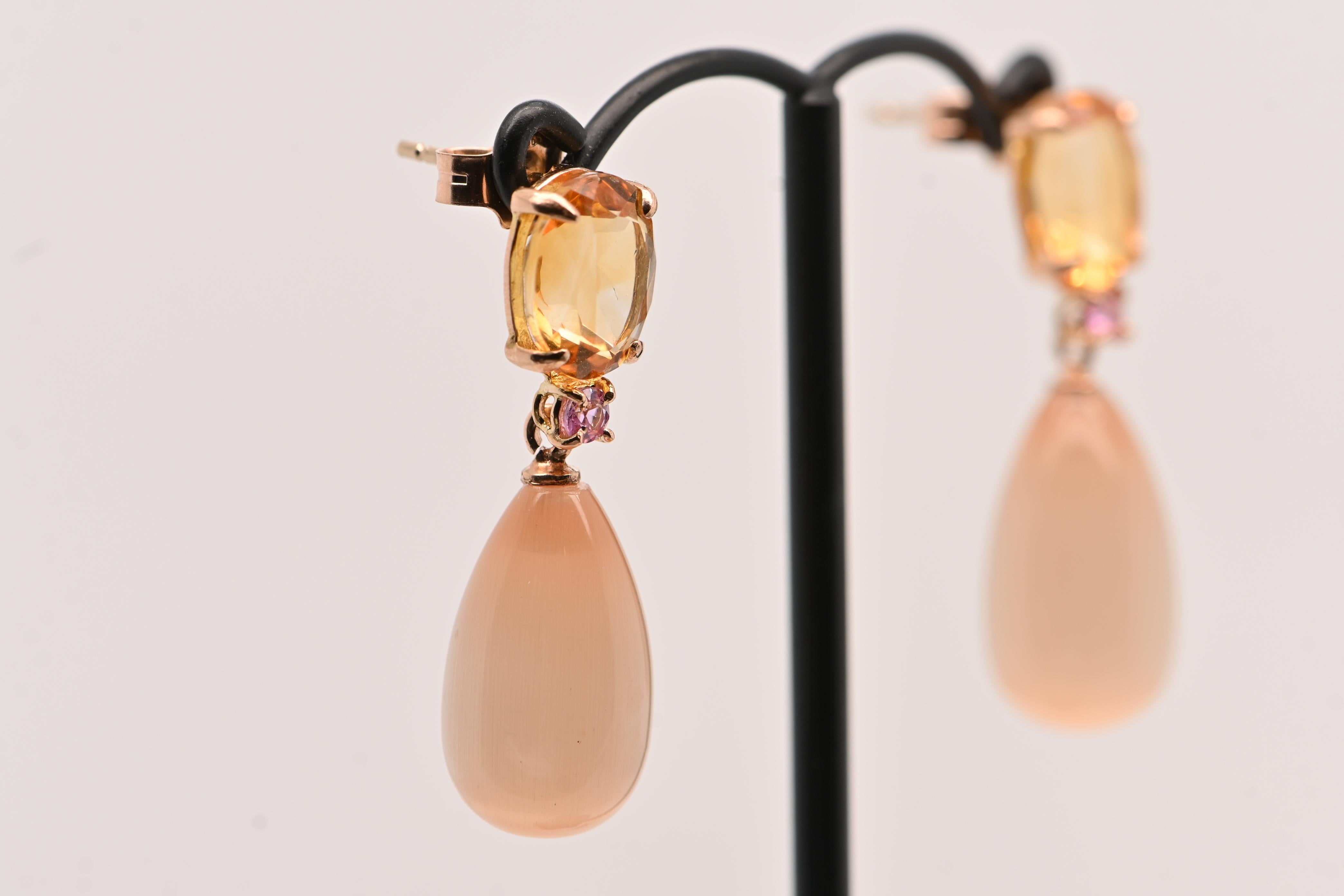 Pendientes Citrino, Piedras Luna Melocotón, Zafiro Rosa y Oro Amarillo 18 Quilates en venta 2