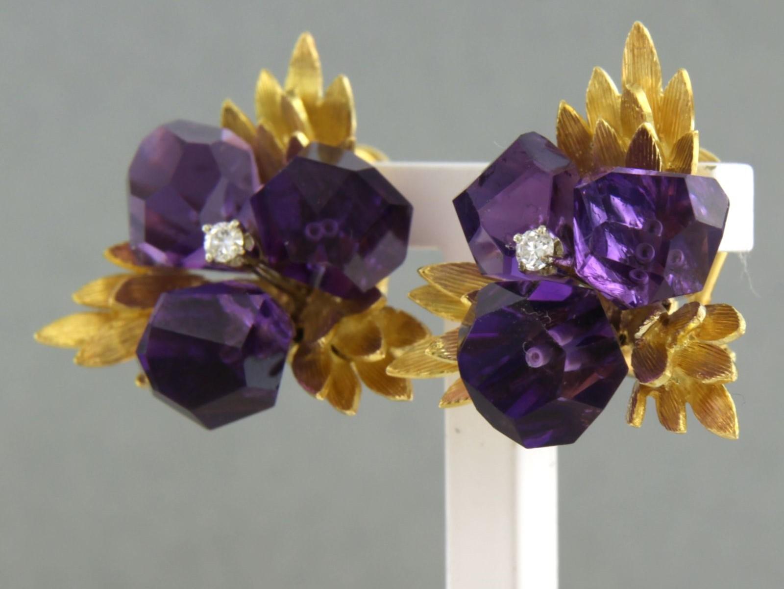 Brilliant Cut Earrings clip-on set with amethyst and diamonds 18k yellow gold For Sale