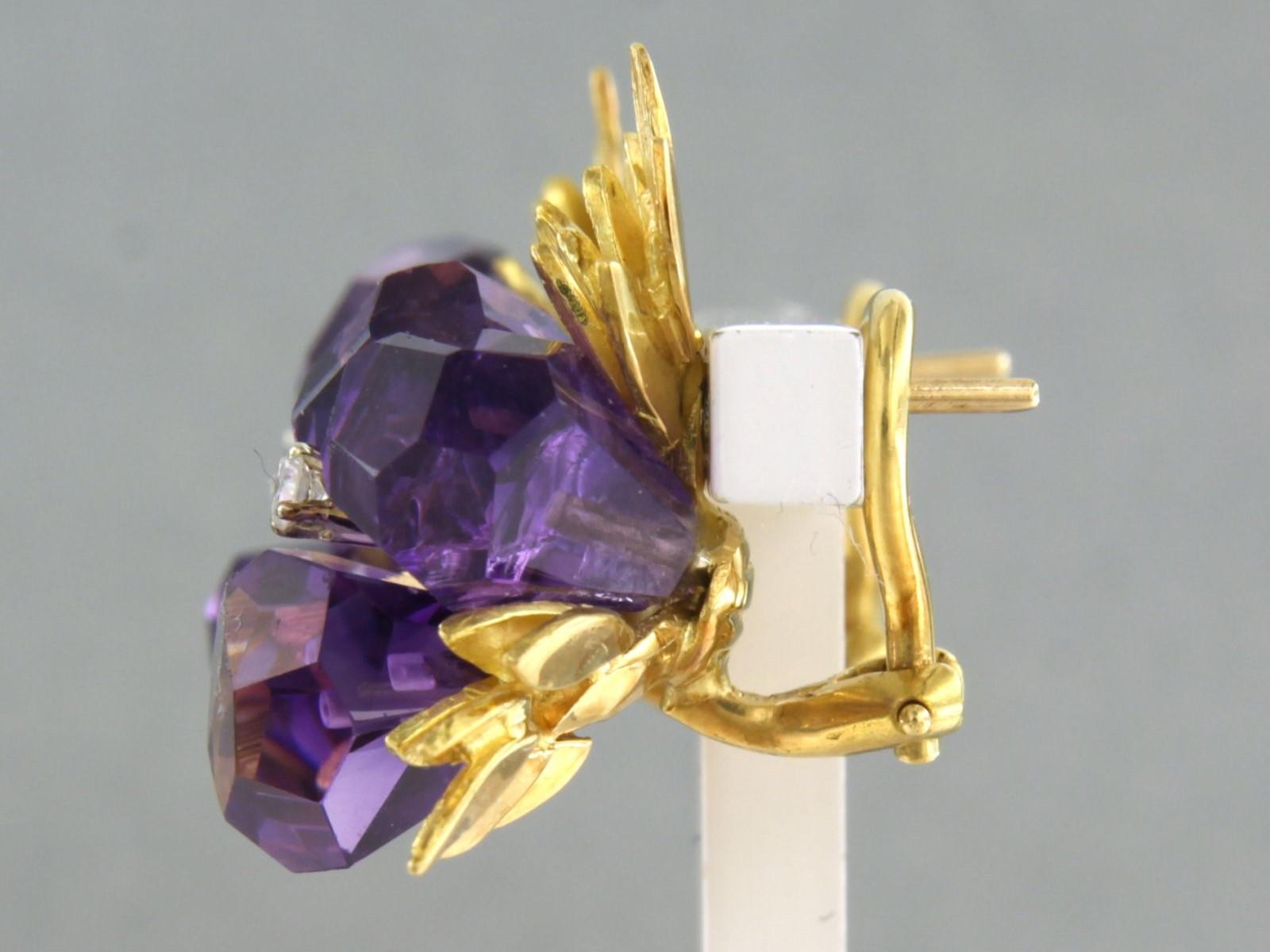 Earrings clip-on set with amethyst and diamonds 18k yellow gold In Good Condition For Sale In The Hague, ZH
