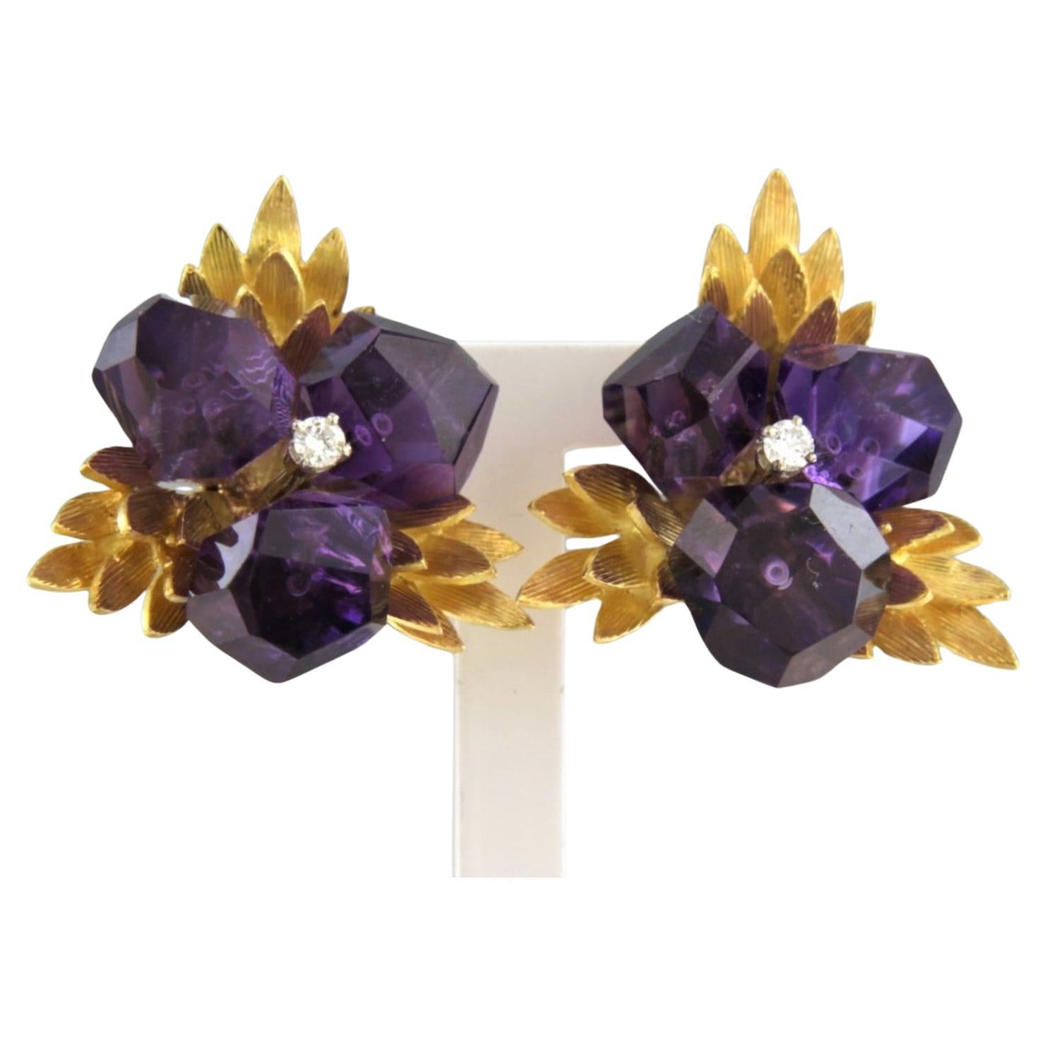 Earrings clip-on set with amethyst and diamonds 18k yellow gold For Sale