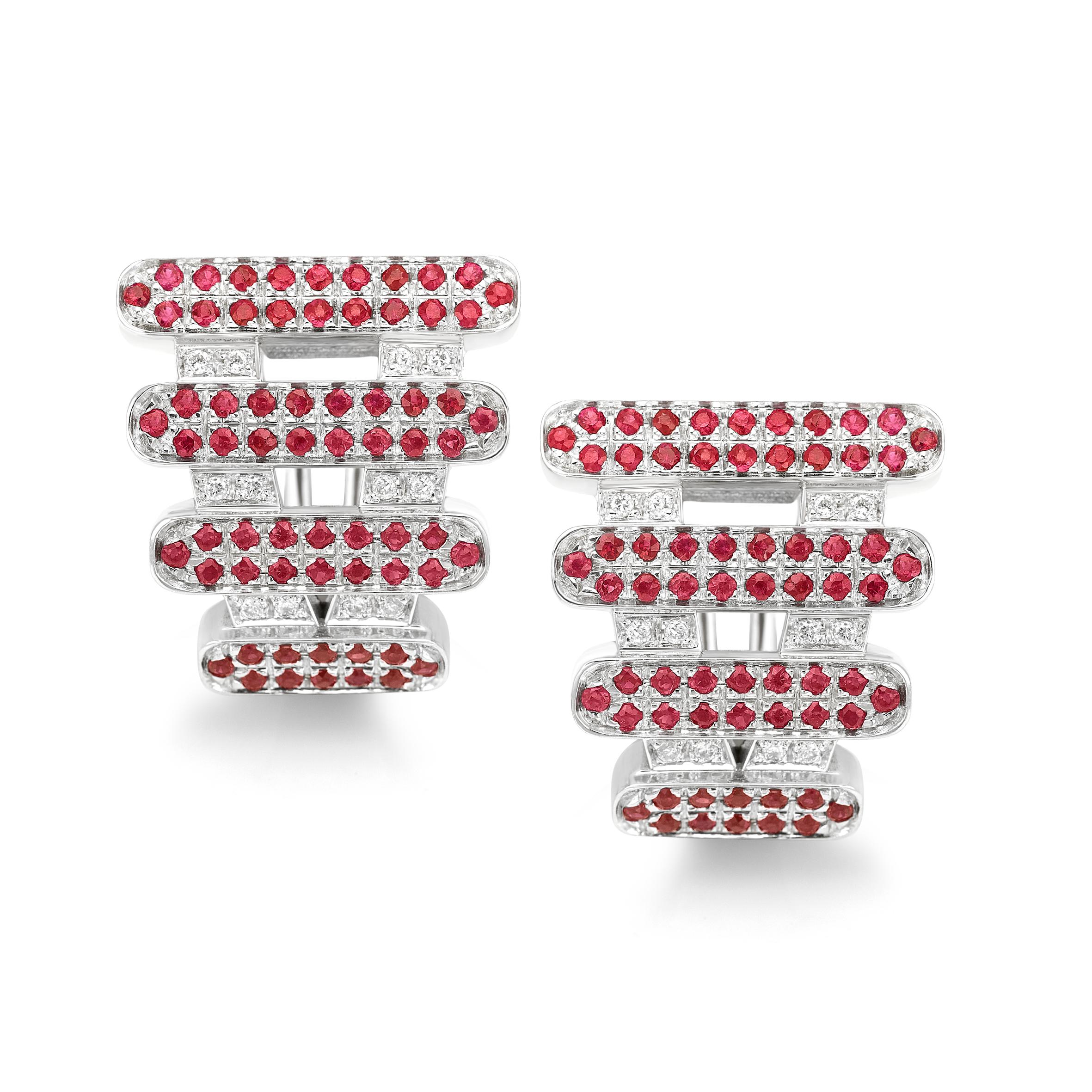 Brilliant Cut Moonlight Earrings in 18K White Gold with Ruby and White Diamonds For Sale