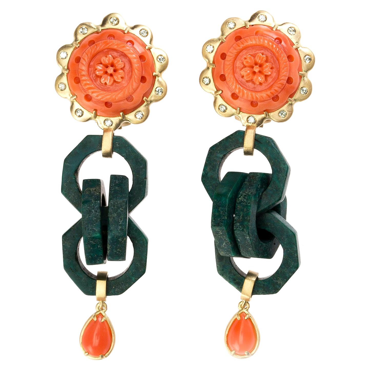 Earrings Coral 18 Karat Solid Gold Sapphire Walrus Ivory For Sale