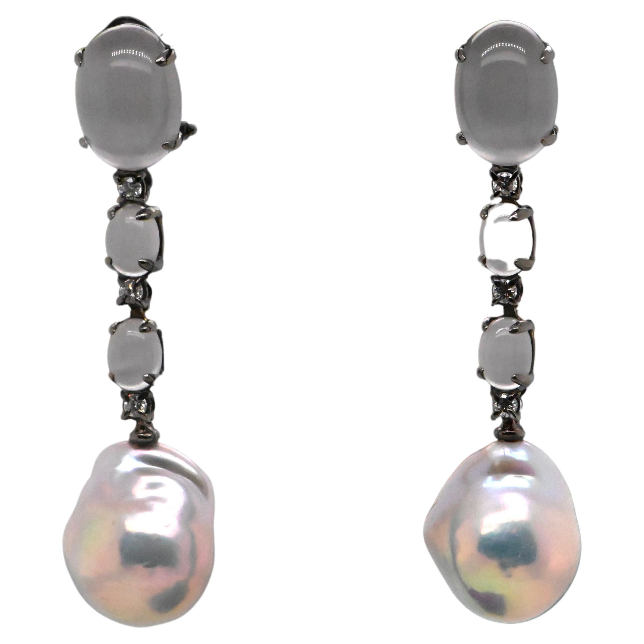 Earrings Cultured Baroque Pearls Diamonds Grey Quartz Black Gold 18 Karat