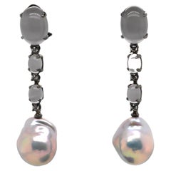 Earrings Cultured Baroque Pearls Diamonds Grey Quartz Black Gold 18 Karat
