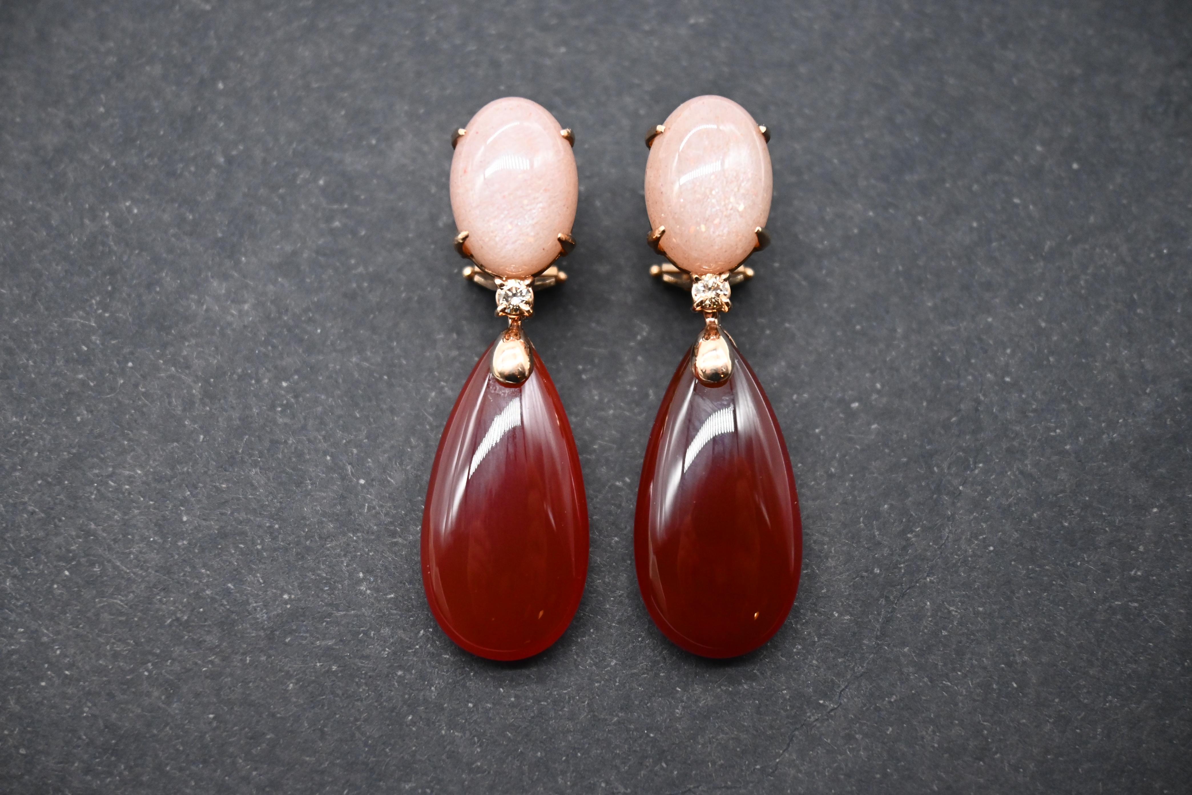 Taglio brillante Orecchini Dangle Diamanti Peach Moonstone Cognac Diamanti Red Agathe in vendita