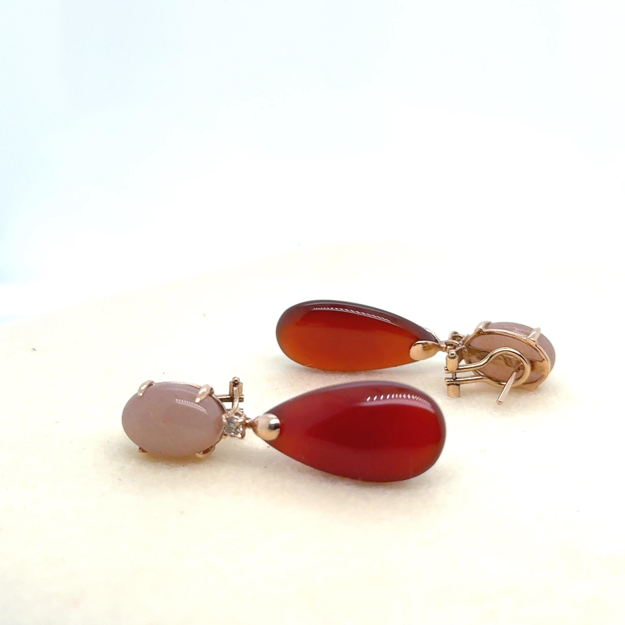 Donna Orecchini Dangle Diamanti Peach Moonstone Cognac Diamanti Red Agathe in vendita