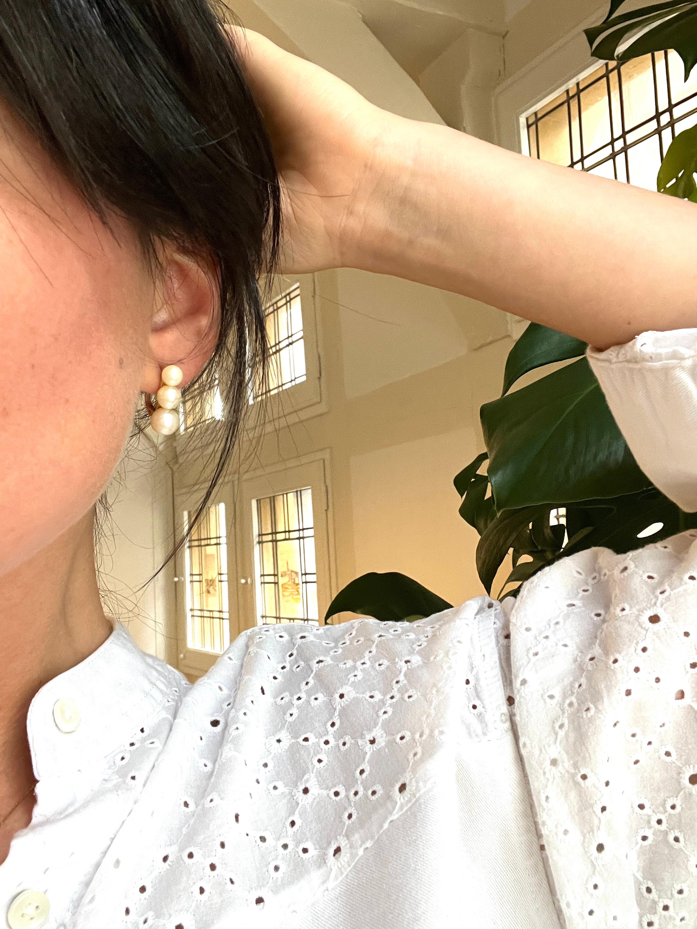 Retro Earrings Dangling Yellow Gold Six Cultured Pearls For Sale