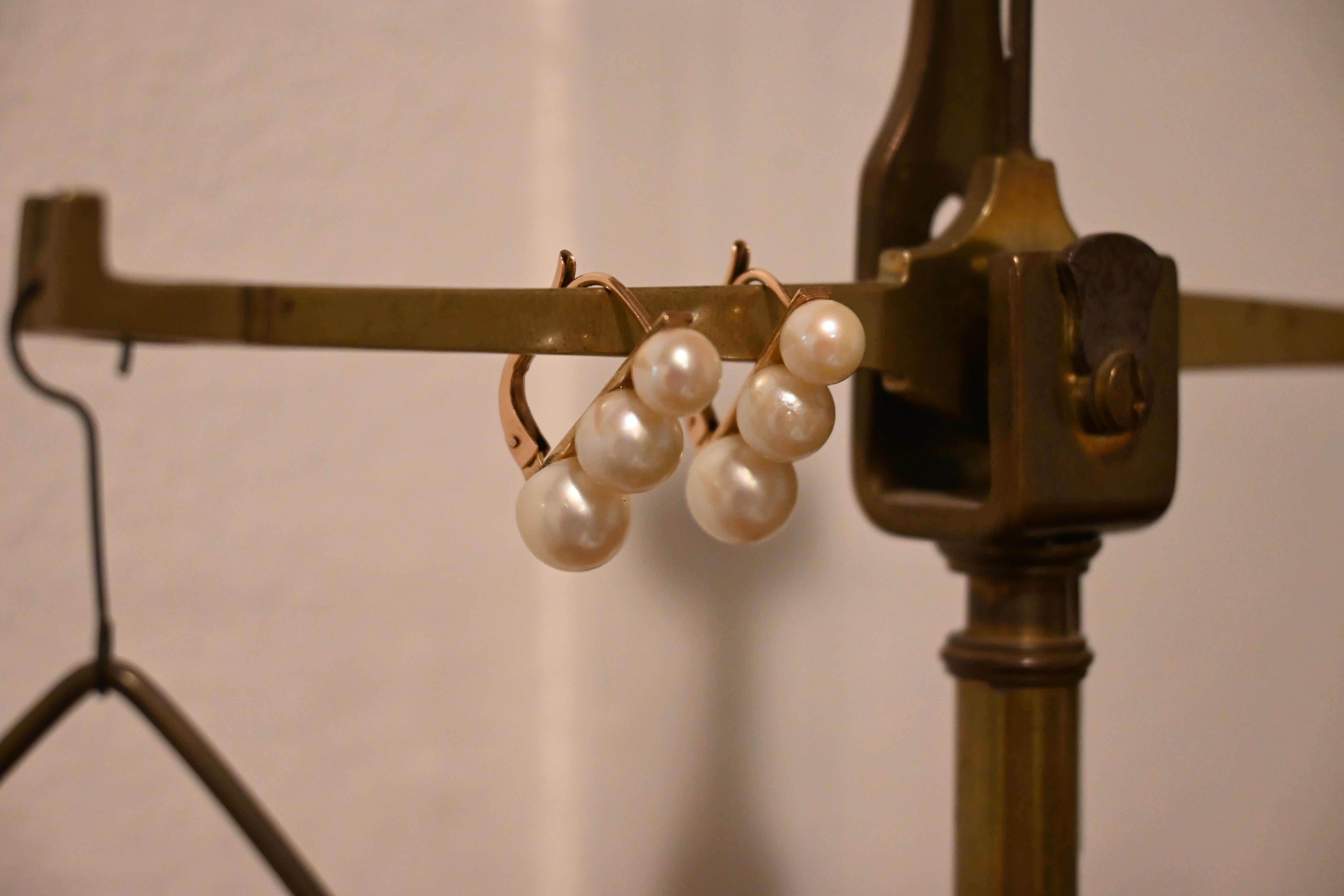Earrings Dangling Yellow Gold Six Cultured Pearls For Sale 1