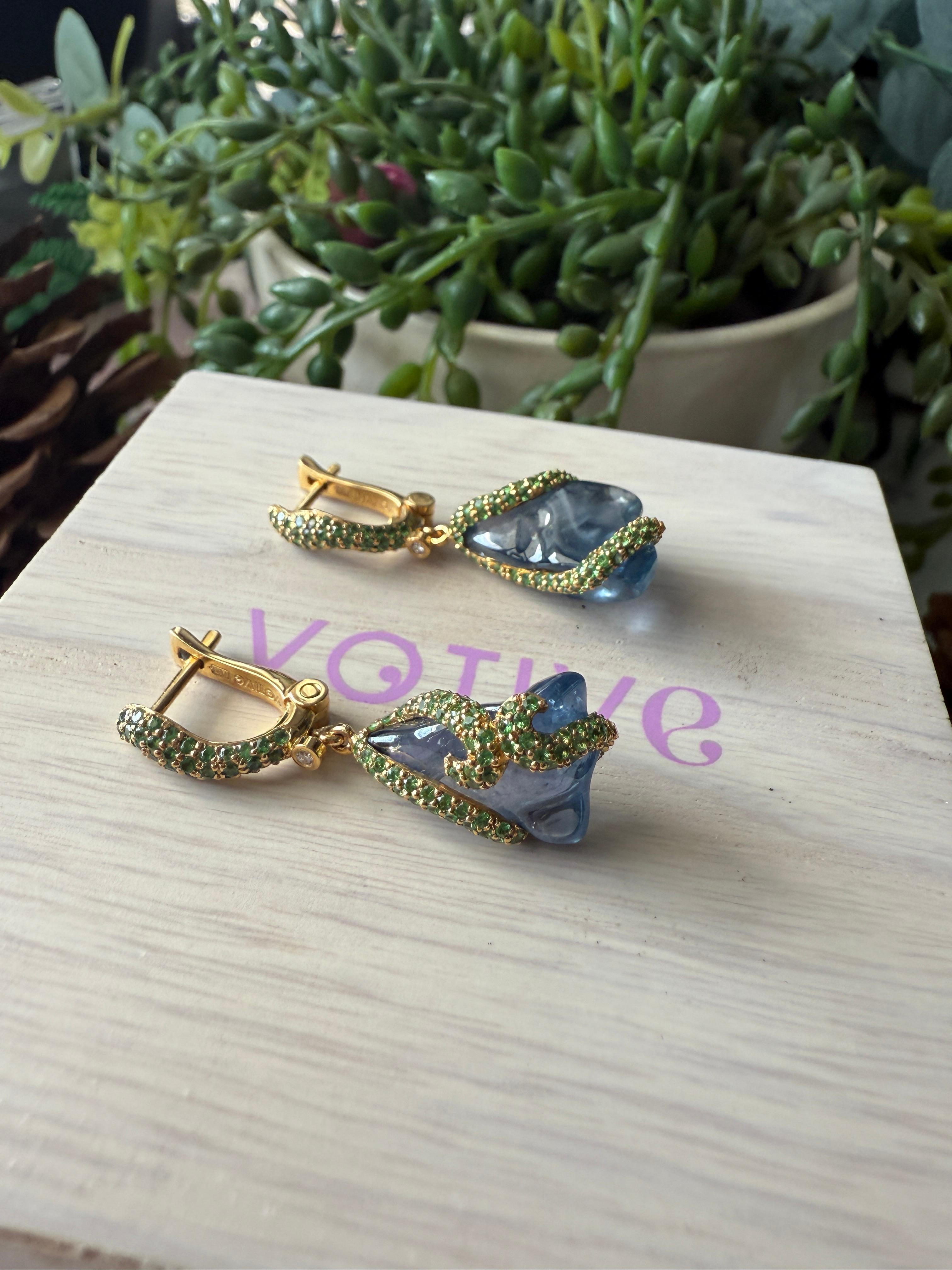 Round Cut Earrings Diamond with Blue Sapphire and Tsavorites For Sale