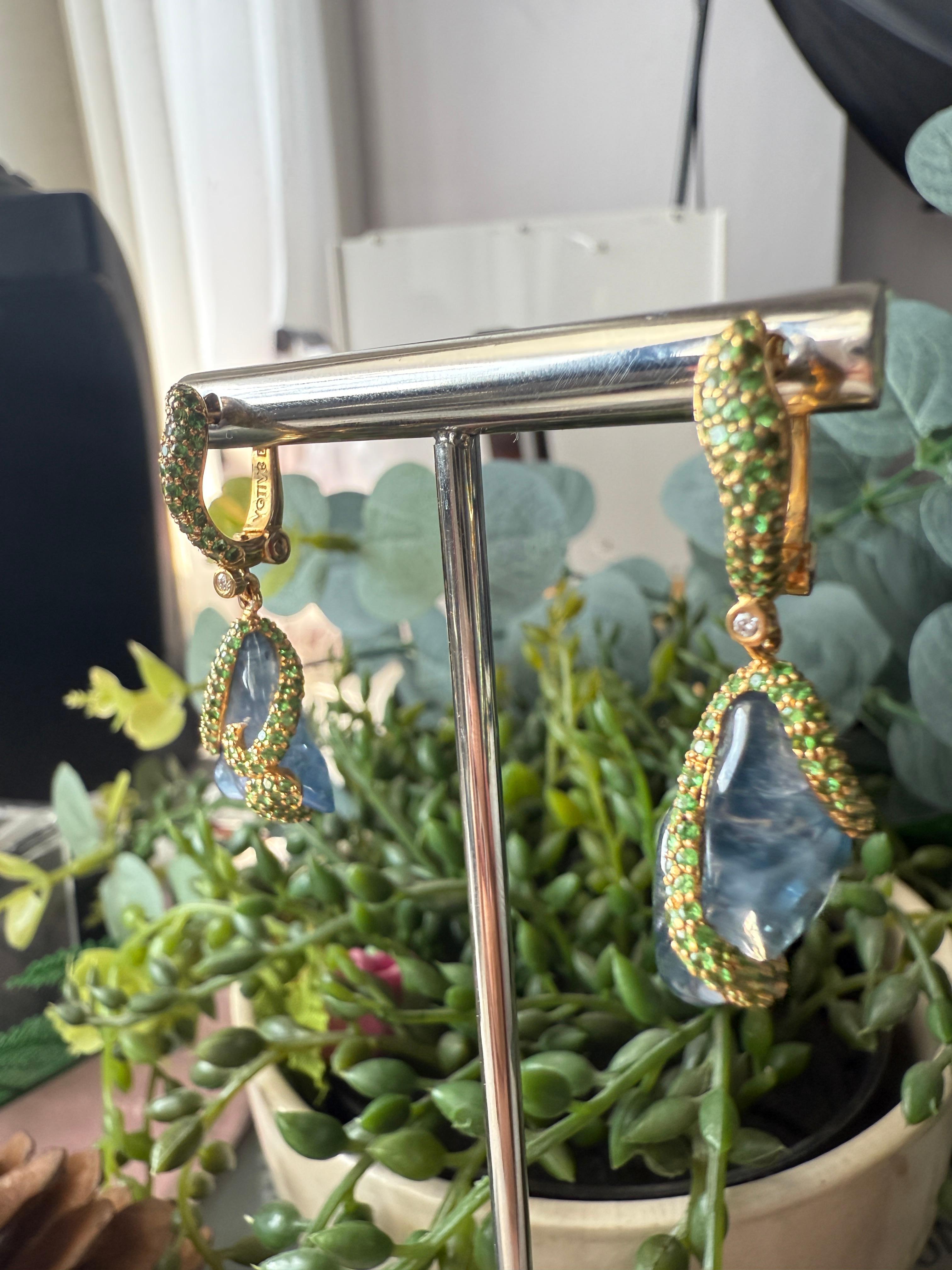 Women's or Men's Earrings Diamond with Blue Sapphire and Tsavorites For Sale