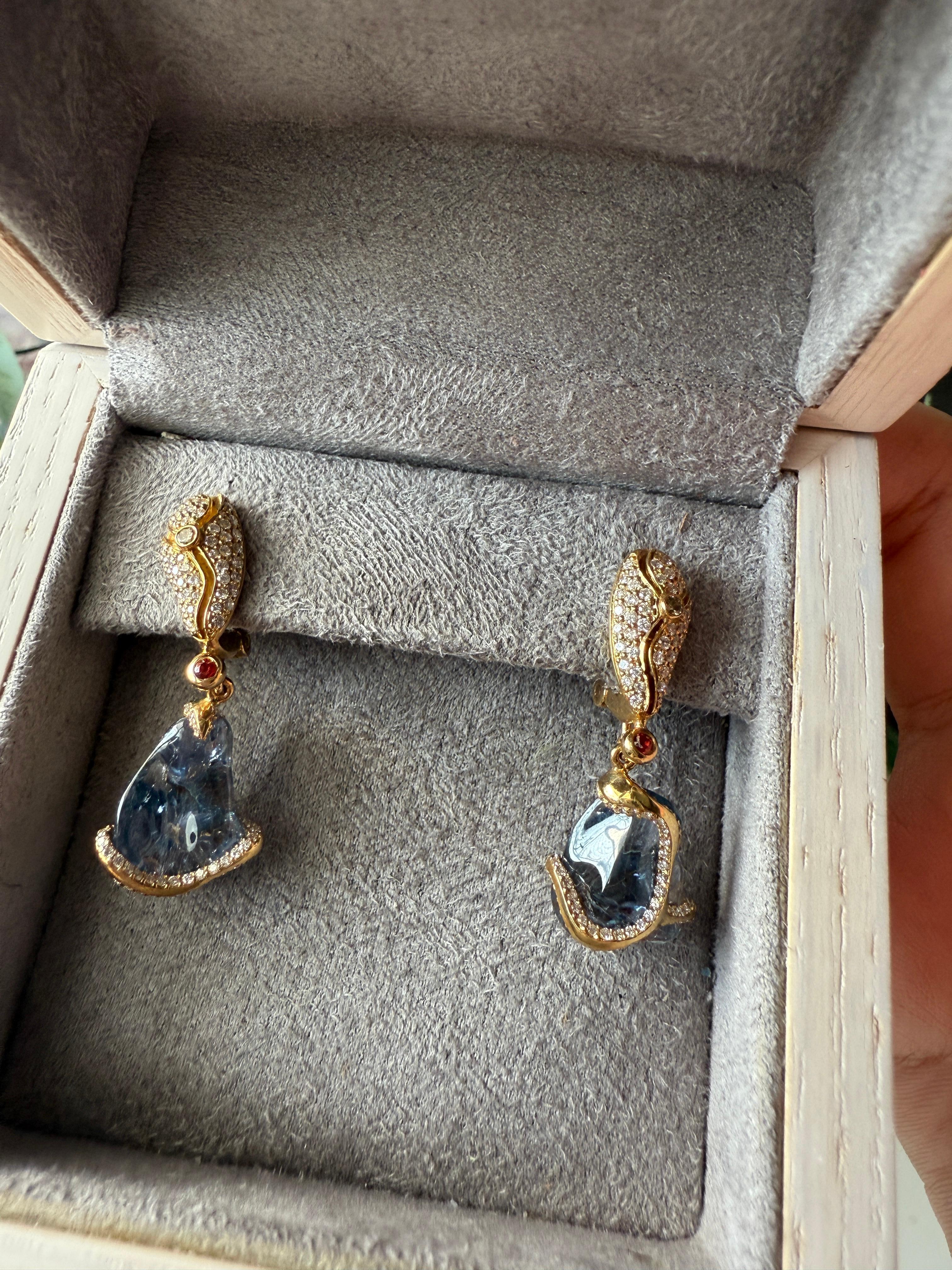 Round Cut Earrings Diamonds and Blue and Red Sapphire For Sale